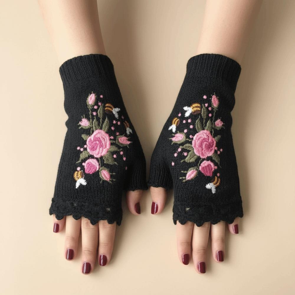 Vintage Embroidery Knitted Gloves Floral Fingerless Gloves All-Match Winter Wool Gloves  Outdoor
