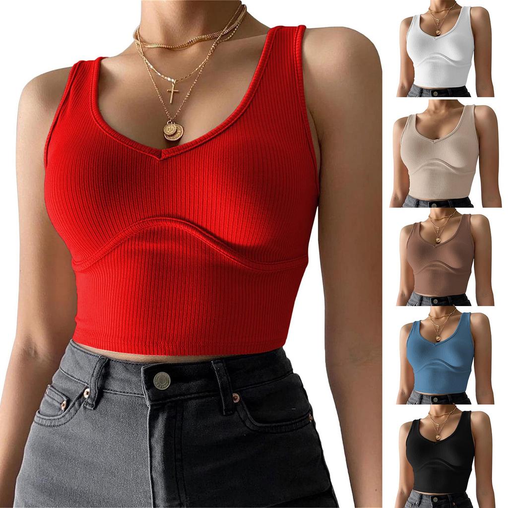 Ladies Casual Solid Color Sexy Deep V-neck Navel Bust Stitching Stretch Knit Vest