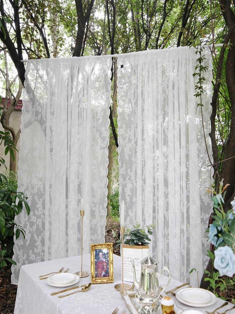 White French Lace Semi Transparent Rod Curtains Suitable For Filtering Light In Living Room Windows, One Piece Set