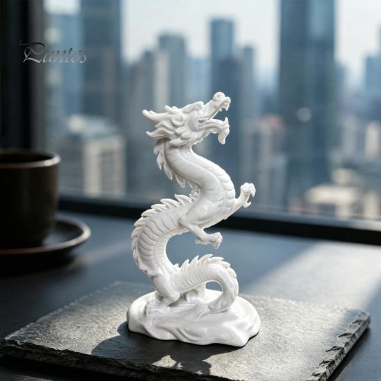Artistic Dragon Sculpture 3D Printed Chinese Figurine, Collectible White Statue, Feng Shui Statue Decoration for Home Office