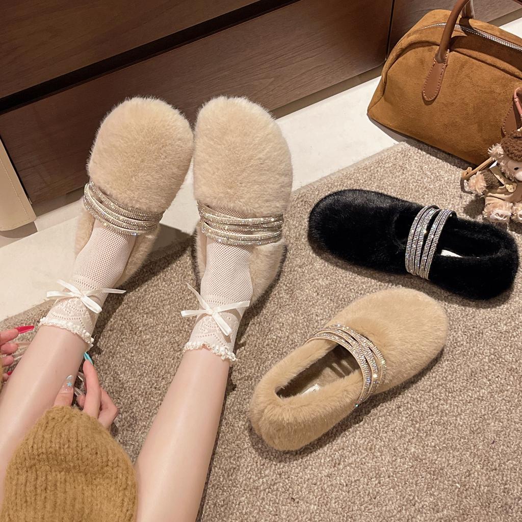 Fashion Retro Style Simple Rhinestone Word Mary Jane Shoes Women's 2025 Winter New Wear Light Mouth Wool Cotton Shoes