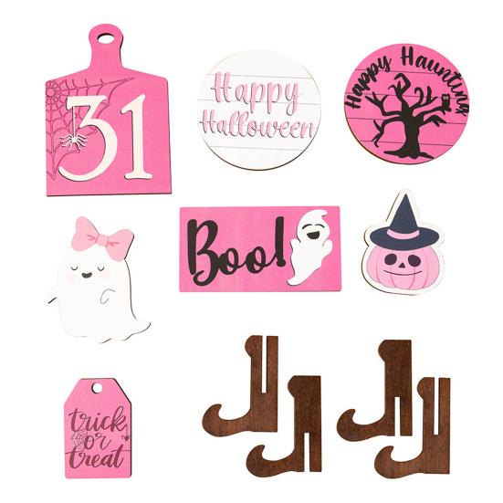 Halloween Tiered Tray Decor Set Happy Halloween Wooden Signs Cute Ghost Model Witch Spider Hat Ornaments Festive Atmosphere Decoration