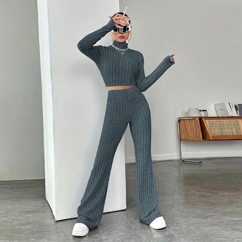 Women's Knitted Pullover Pants Two Pieces Set Slim Long Sleeved Mock Neck Top High Waist Wide Leg Pant Outfits