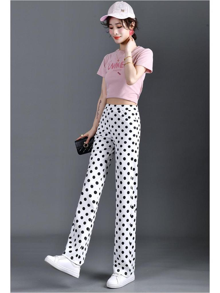 Polka Dot Print Elastic Waist Straight Leg Pants - Summer 2025 Slimming Stretchy Women's Trendy New Arrivals.