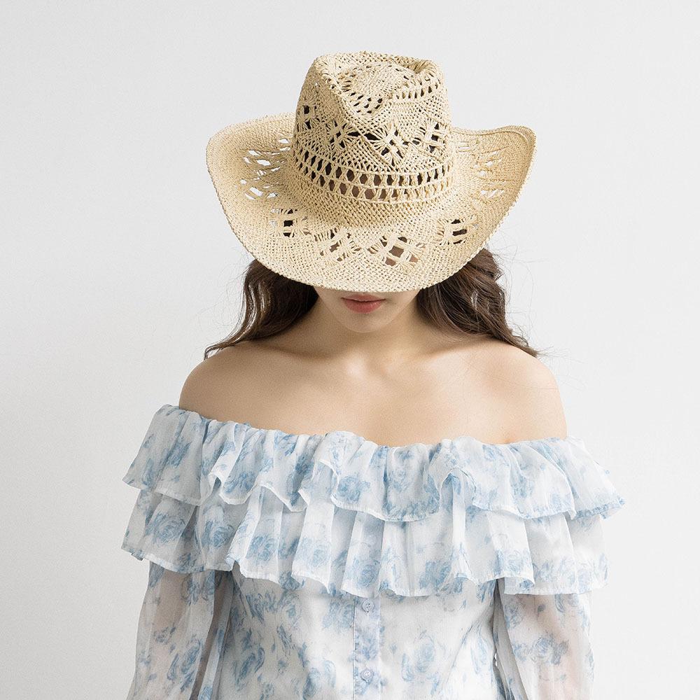 European and American spring and summer new fashion leisure hollow hand-woven papyrus wide-brimmed cowboy hat outdoor travel sunshade jazz hat