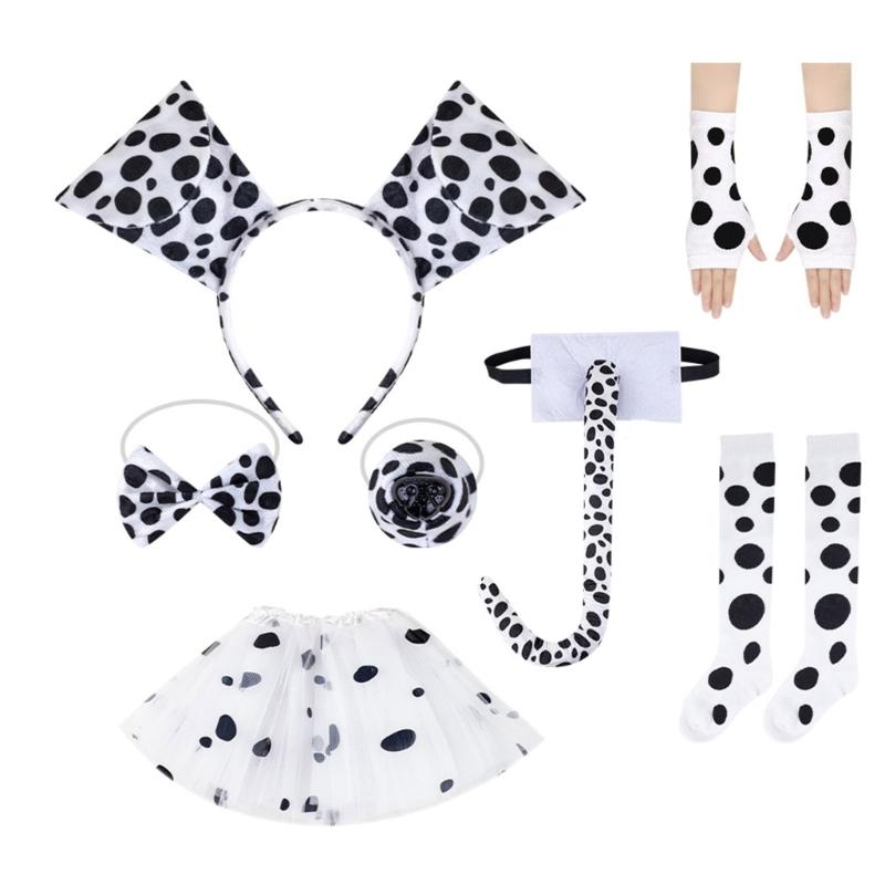 Dalmatiner Welpen Kostüm Set Ohr Stirnband Schwanz Fliege Nase Handschuh Tutu Rock für Kind Halloween Weihnachten Tier Cosplay