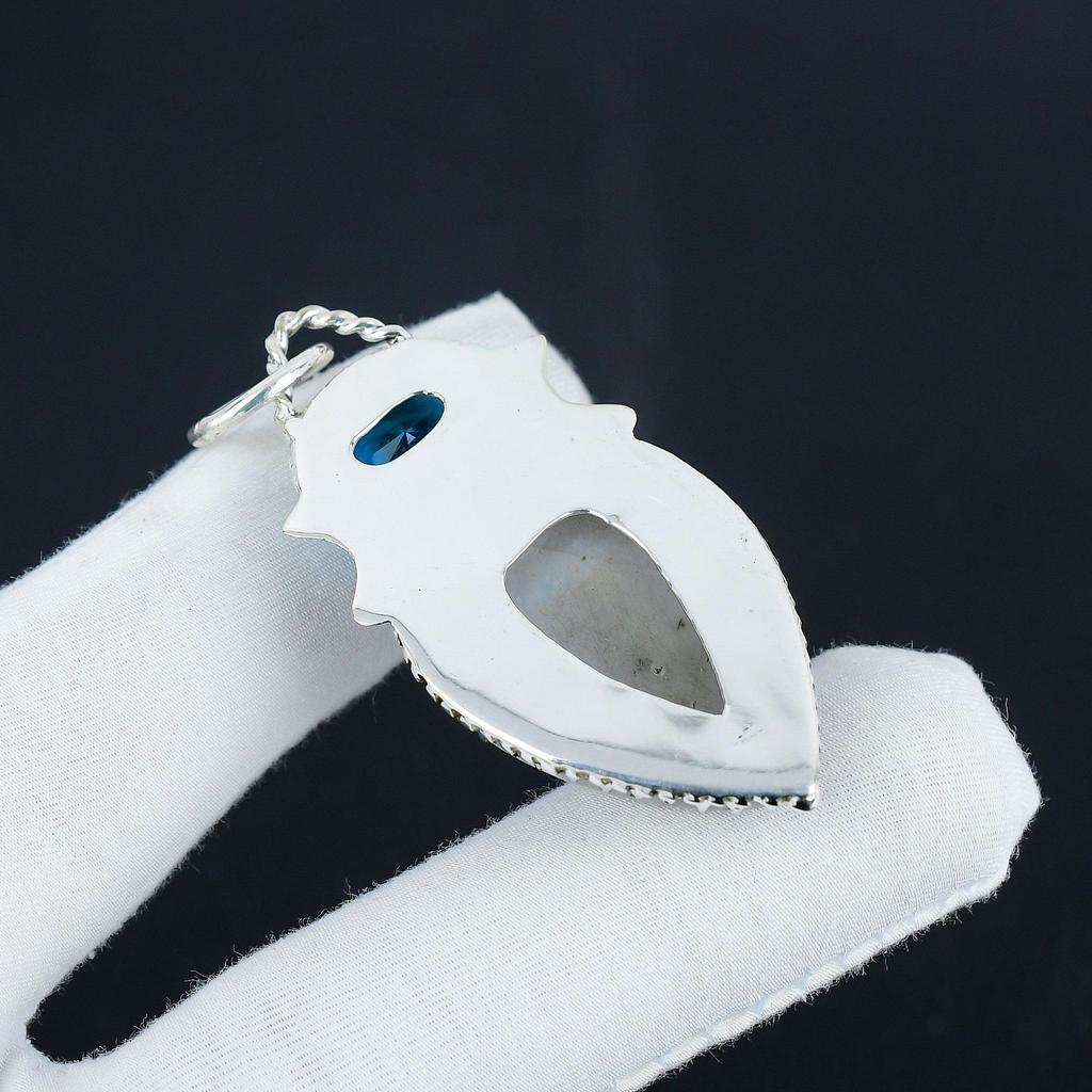 Natürlicher Regenbogen-Mondstein, Blautopas Edelstein Silberanhänger in 925 Sterlingsilber - Handgefertigtes Design, Alltagsschmuck Geburtstagsgeschenk für Ehefrau