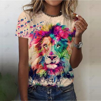Letní výstřih do O Neformální bohémský potisk Dámská trička Lion Tričko s 3D potiskem Dámská móda Volné Topy s krátkým rukávem Oversized