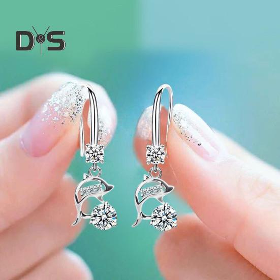 1 Pair Korean Style Hook Earrings Dolphin Design Shiny Rhinestones Drop Earrings Women Mid-length Earrings