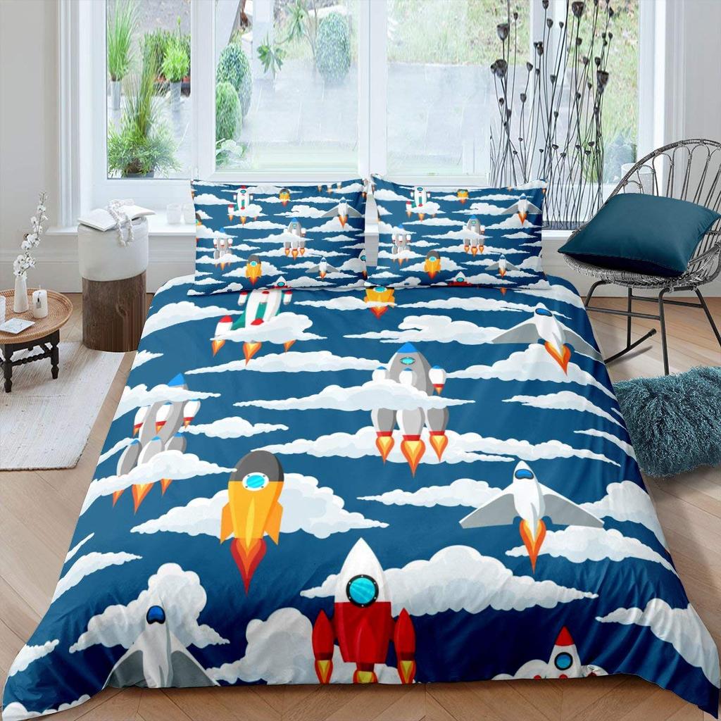 For Kids Boys Girls Bedroom Decor - Rocket Astronaut Space Theme Duvet Cover Set King Queen Full Size Polyester Comforter Cover