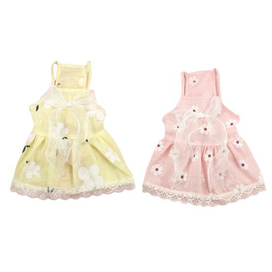 Kleid für Hunde und Katzen, großer Blumendruck am Saum, Spitze, atmungsaktiv, ärmellos, plissiert, Prinzessinnen-Stil, Schlingenkleid, Haustierkleidung