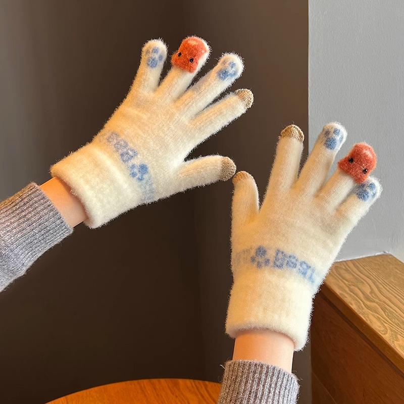 Cute Plush Gloves Women Winter Thick Warm Touchscreen Knit Wool Cycling Cold Proof Finger Gloves Student Winter