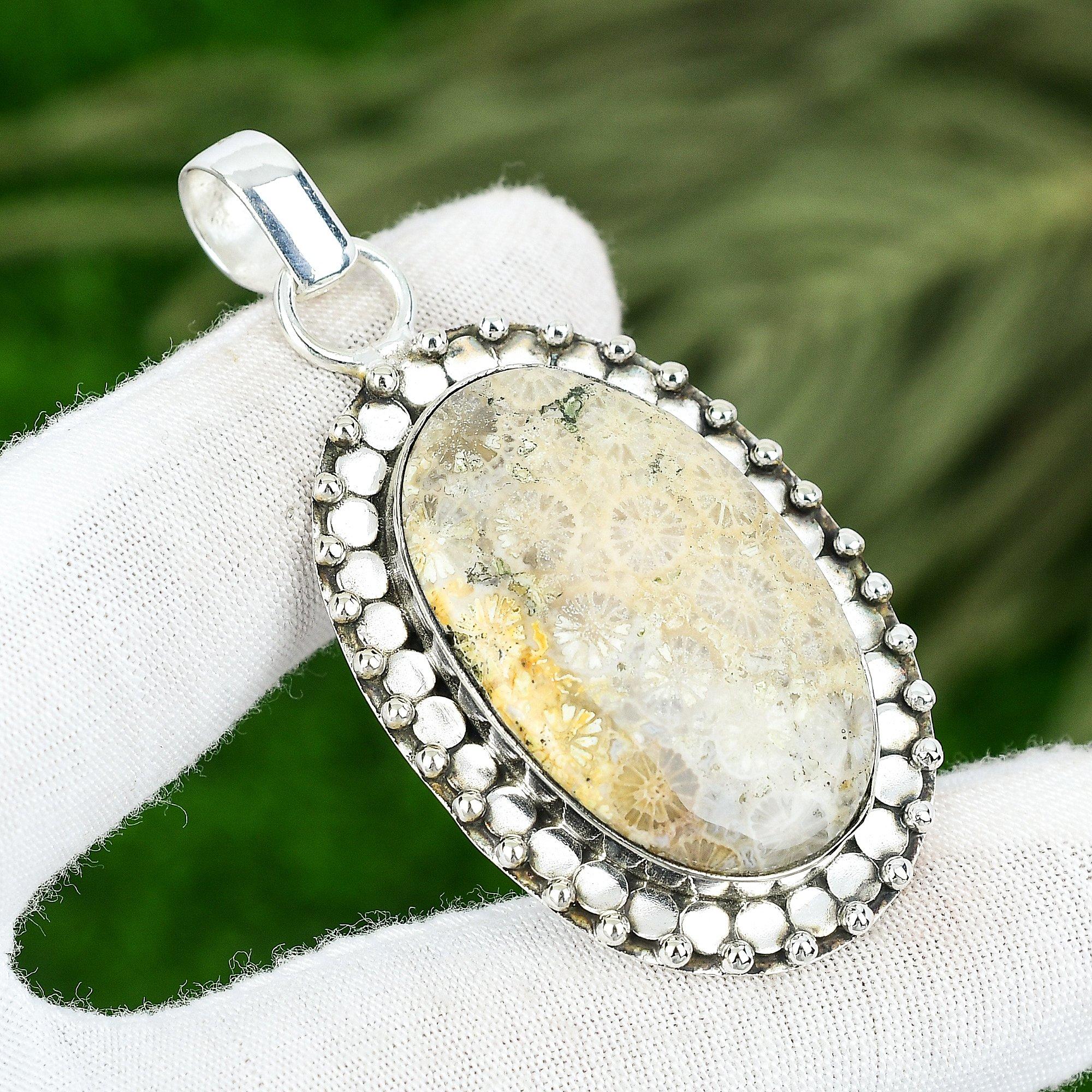 

Sisters Day Sale Oval Natural Fossil Coral Sterling Silver New Pendant Jewelry