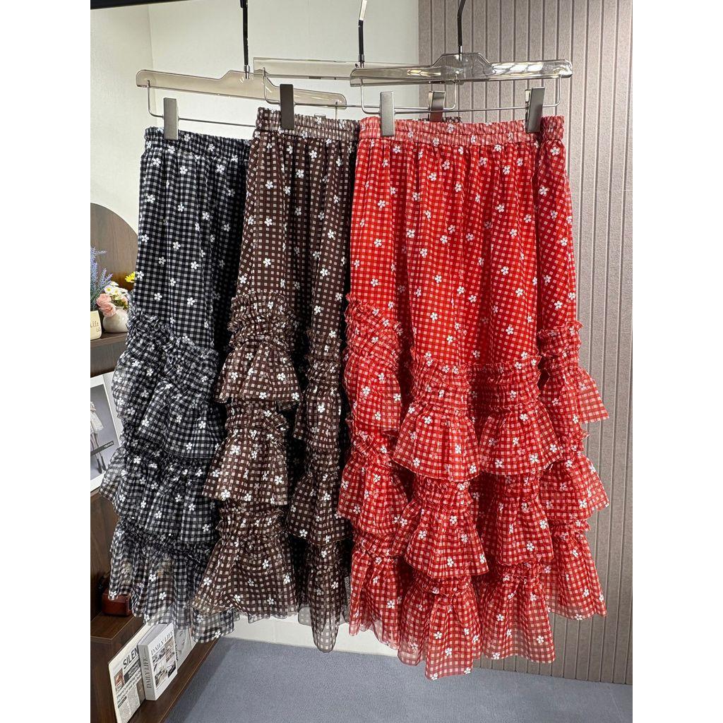 Qooth Printed Pleated Midi Skirt Elastic Waist Floral A-Line with Dense Ruffled Vintage QT2833