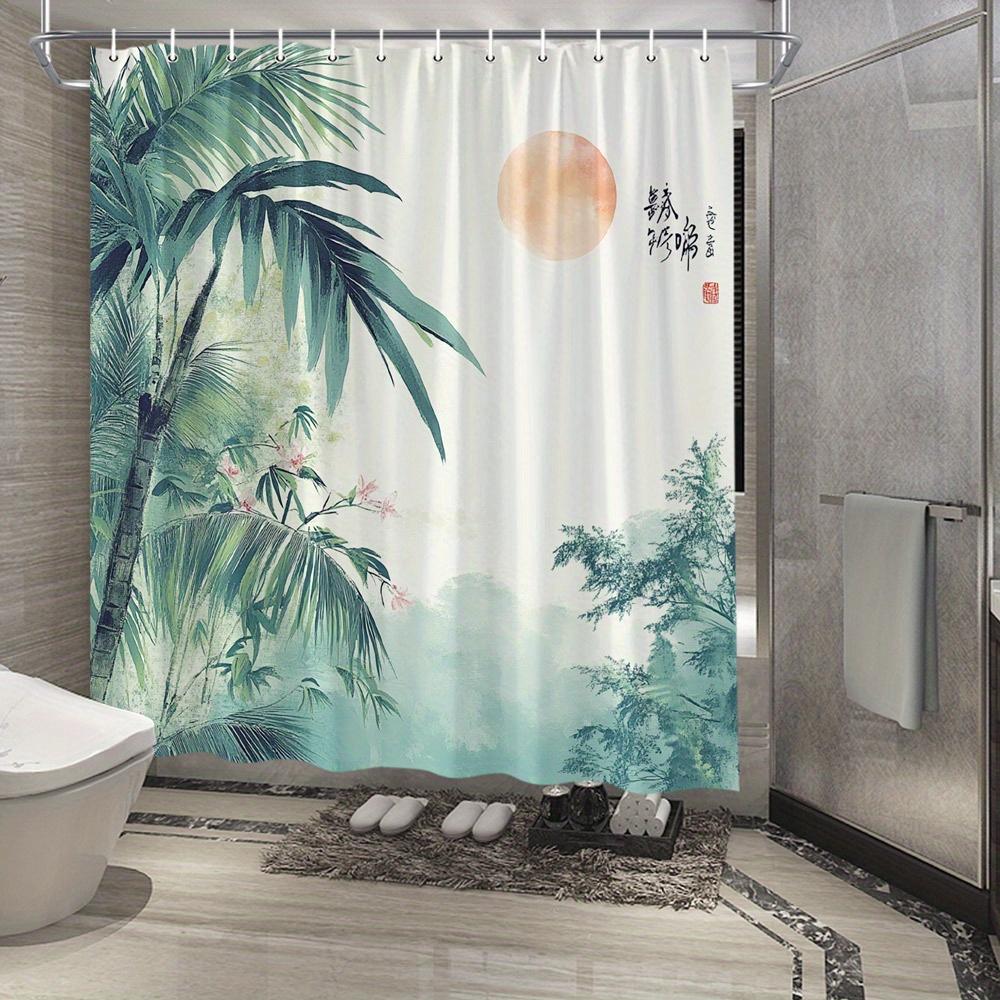 

1Pc Tropical Landscape Shower Curtain With Soft Pink Sun, Palm Fronds & Delicate Flowers - Tranquil Natural Beauty, Polyester, W60H190(CM)-1 Pcs