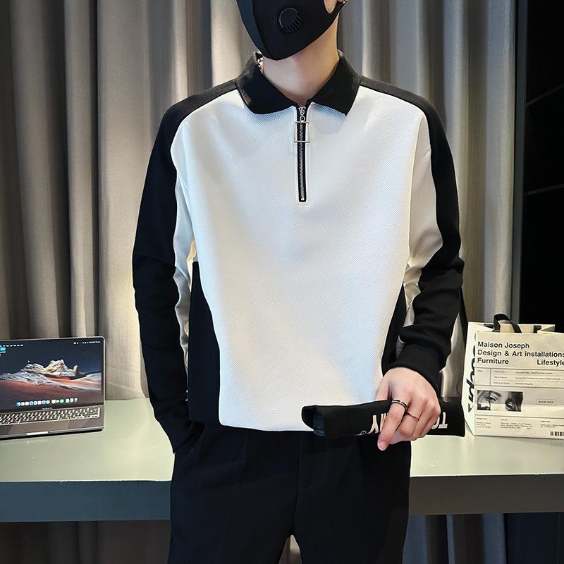 Autumn and Winter Men's Patchwork Sweatshirt Fashion Long Sleeve T-shirt High-end Korean Half Zip Polo Shirt