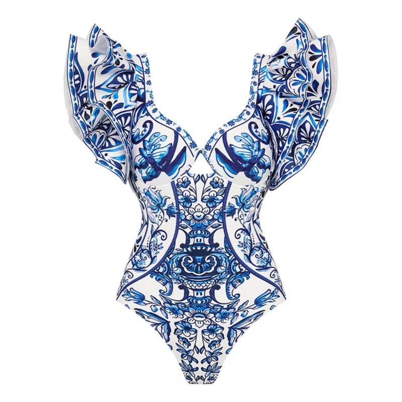 1SET women's sunscreen swimsuit gauze skirt printed swimsuit women's bikini