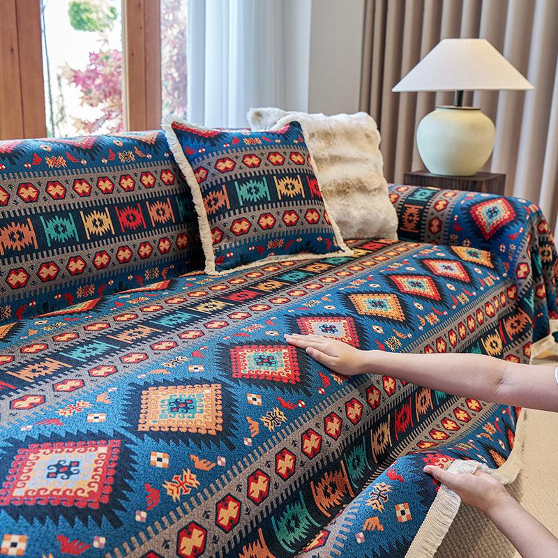 Boho Retro Sofa Cover Cotton Linen Pet Scratch Resistant Anti-Slip All-Season One-Piece Sofa Blanket