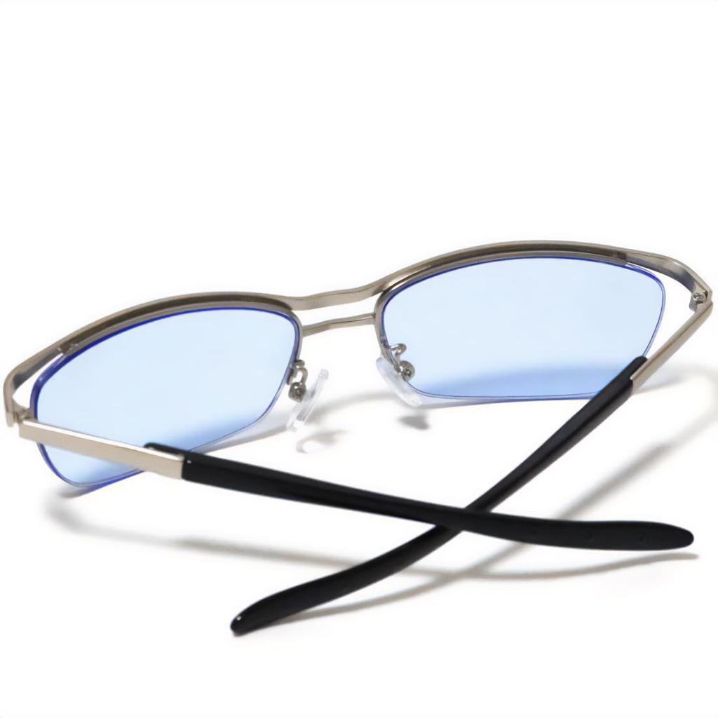 Silver Matte x Light Blue Fashion Square Tough Guy Rimless Slightly Bad Boy Large Metal Thin Glasses, Shape, Style, Half-Rim, Sunglasses, Men's