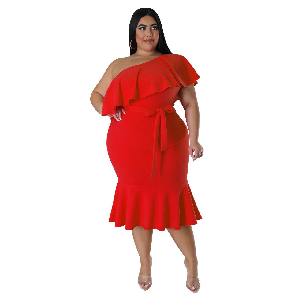 2023 Plus Size Women's European & American Fashion Slim Fit Ruffle Strapless Midi Dress