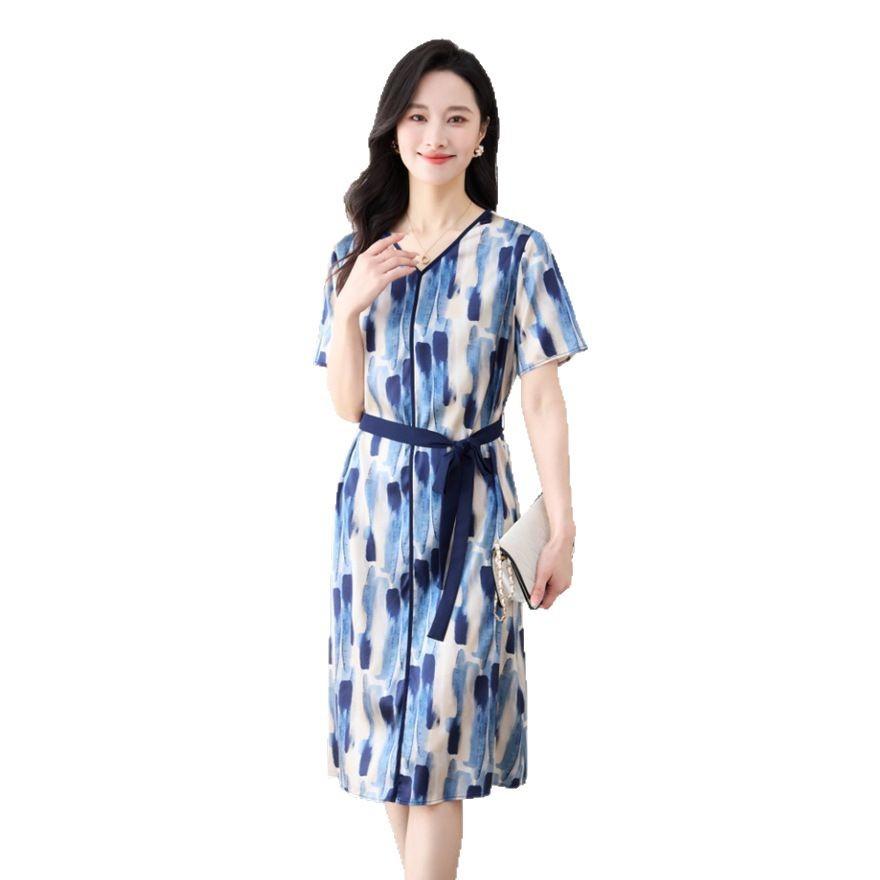 Mom Summer New Mulberry Silk Dress Women's Short-sleeved Temperament V-neck Printed Silk Medium and Long Skirt
