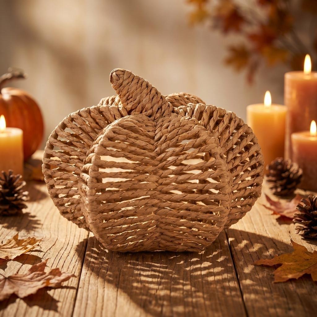 Woven Pumpkin Decoration for Tabletop - Rustic Fall Home Decor Ornament with, 3D Shape