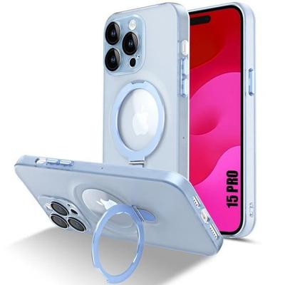Hülle für iPhone 15 Pro, Transparente Blaue Stoßfeste Schutzhülle mit Rotierendem Magnetischen Ständer und Kameraschutz