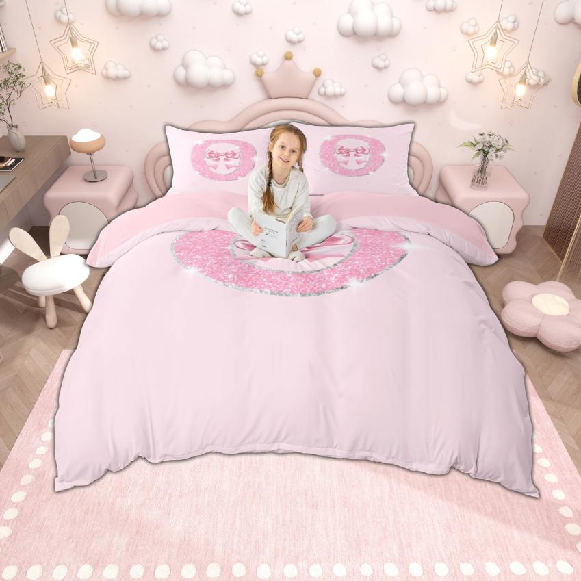 Homewish Personalized Initial Letter O to Z Duvet Cover Set, Dreamy Pink Bow Knot Bedding for Girls, Glitter Print Decor