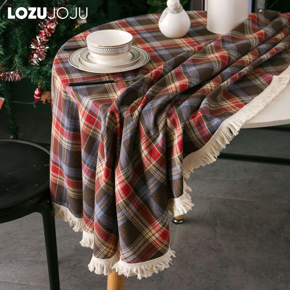 1PC LOZUJOJU Christmas Plaid Printed Tassel Edge Table cloth Retro Party Decoration Table cloth for Kitchen Dining Table Coffee Table Home Decor