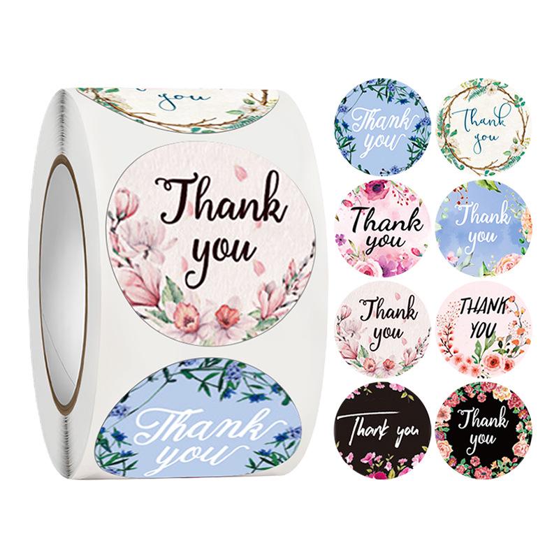 500-Roll 3.8cm Floral Thank You Stickers: Round Adhesive Labels for Gift Wrapping & Sealing