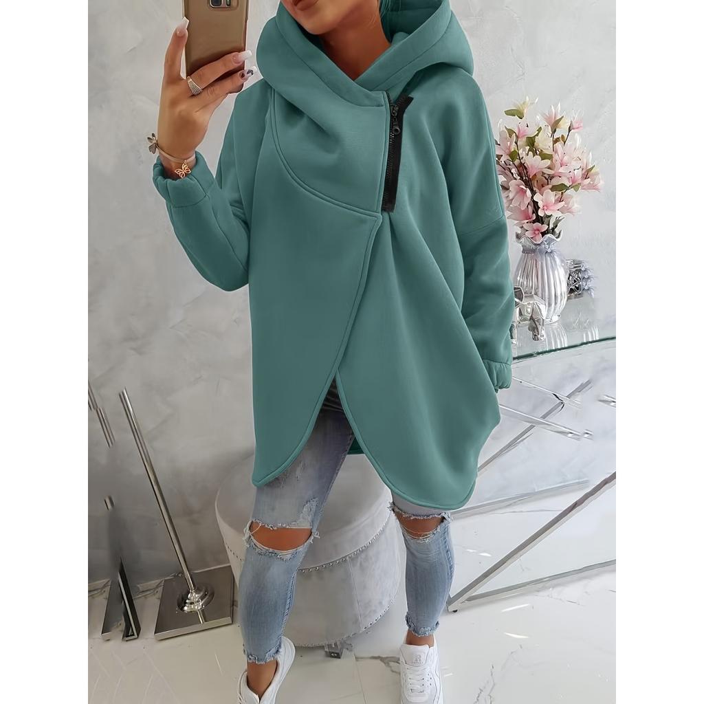 Women's Long Sleeved Casual Black Hooded Jacket Sweatshirt with Front Pocket Zipper Hoodie