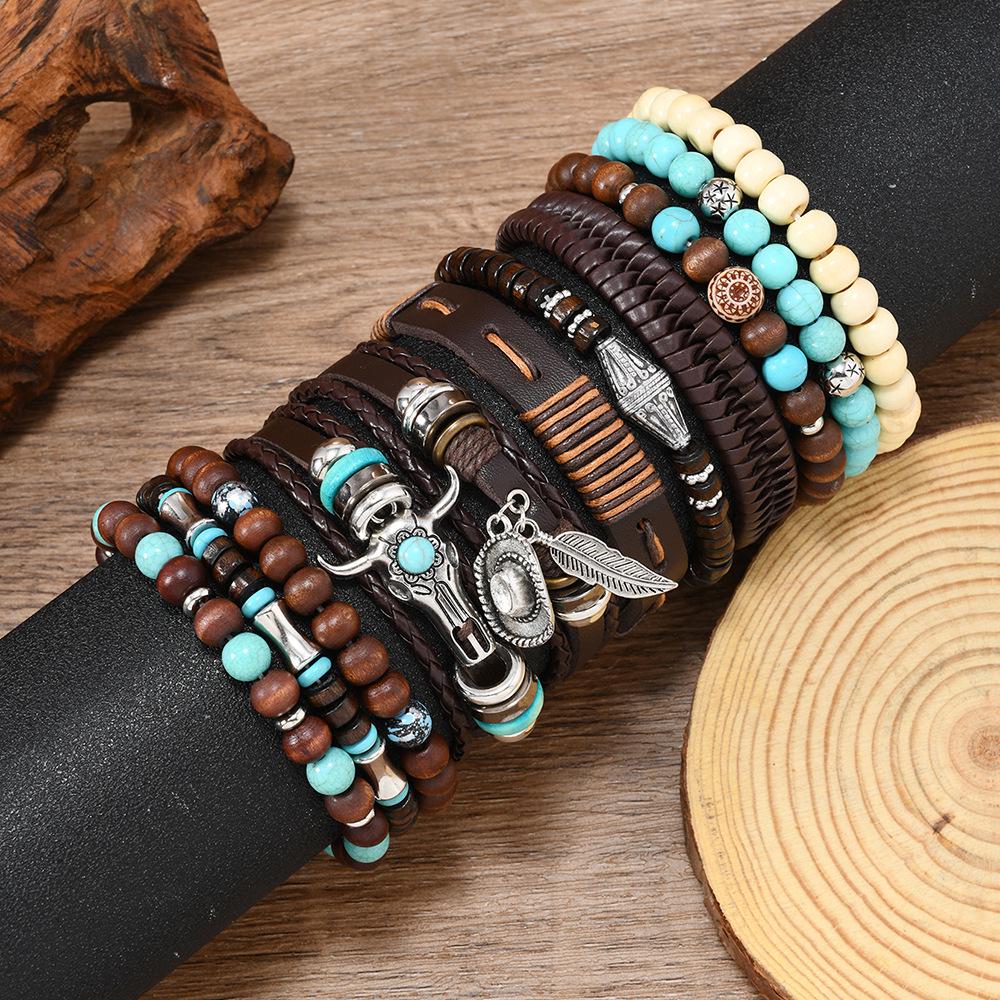 Retro Bull Head Cowboy Hat & Multi-layer Handwoven Leather Bracelet Set (11 Pcs) for Men