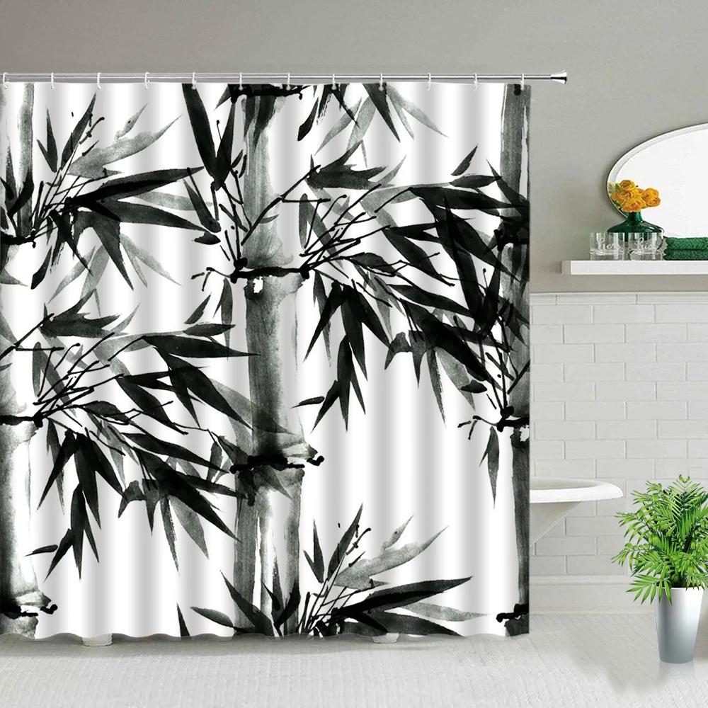 Bamboo Ink Painting Bathroom Shower Curtains Polyester Fabric Bath Screens Bathtub Decor Waterproof Hanging Curtain With Hooks