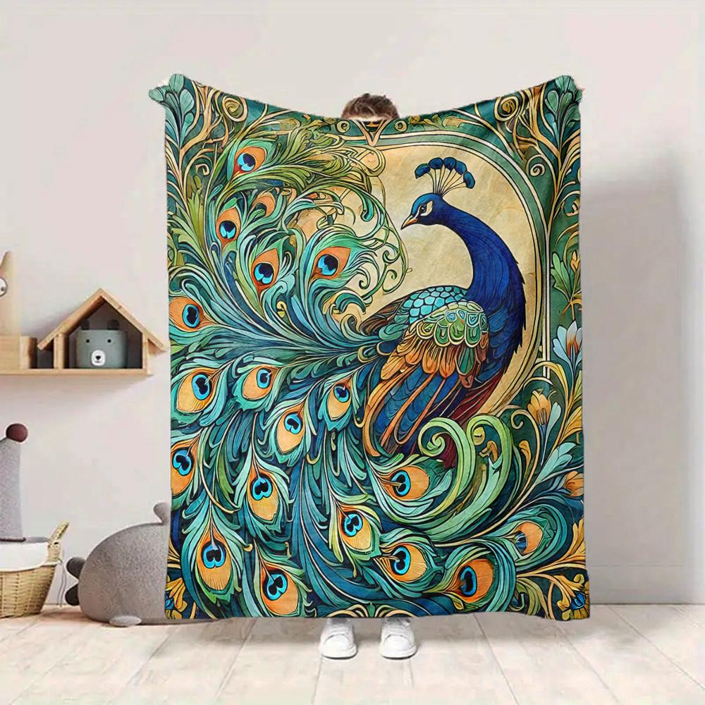 1pc Peacock Art Lightweight Flannel Blanket, Comfortable and Warm Blanket, for Office and Camping Sofa Bed, Livingroom193