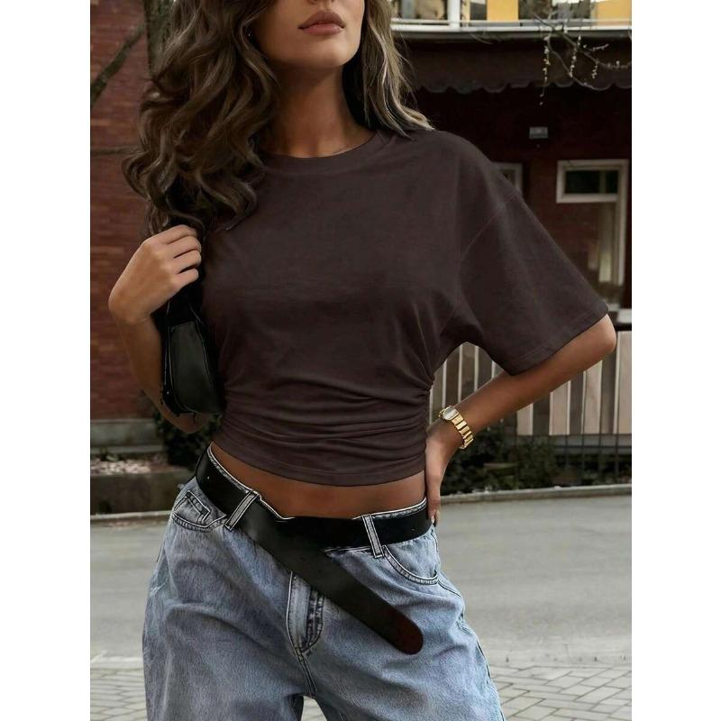 Summer Pleated Solid-color Round-neck Fitted Crop-top Slim-fit Short-sleeve Women's Dress