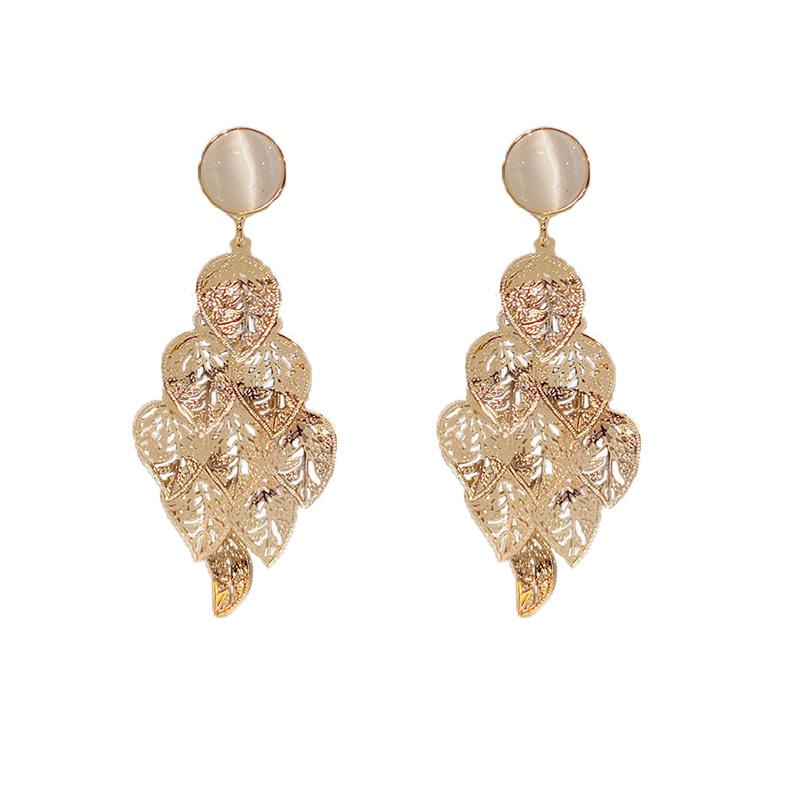 Hollow Leaf Fringed Earrings Women's S925 Silver Needle Round Opal Temperament Internet Celebrity Long Earrings