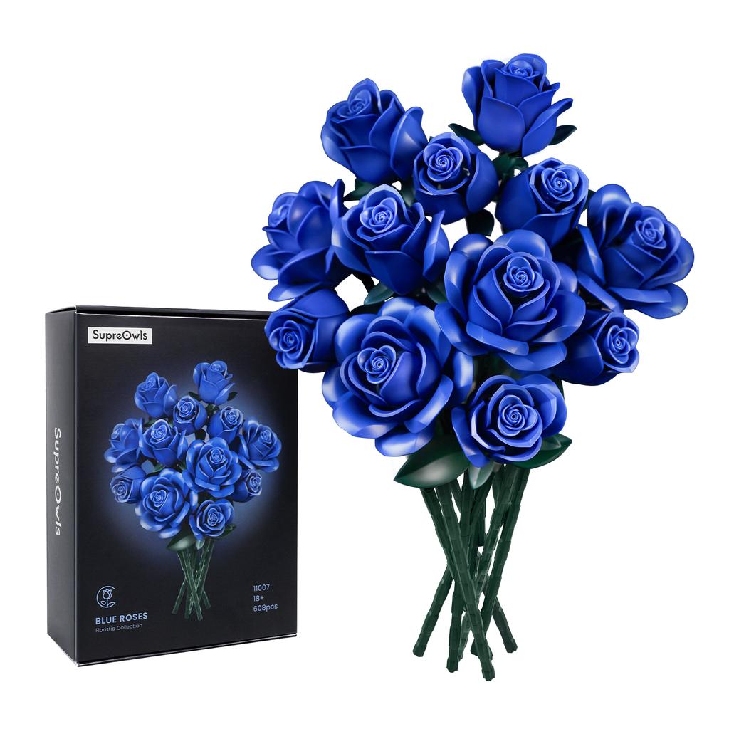 Blue Rose Blocks Flowers Building Set Artificial Roses Wedding Floral Decorations Bricks Toys Valentines Birthday Gift for Adult
