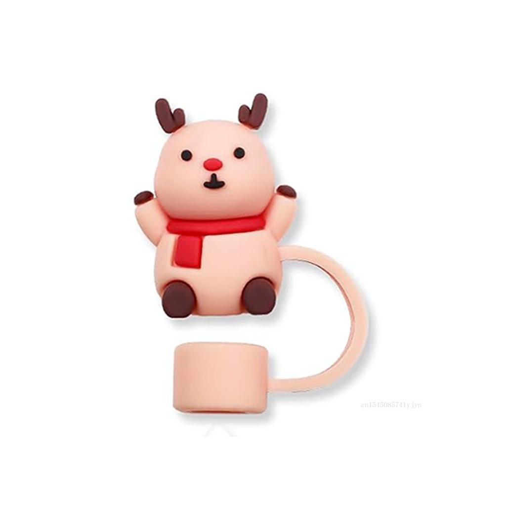 Christmas New Silicone Straw Cover 10mm Large Diameter Reusable Straw Tips Cartoon Cute Holiday Gift Dust Cap Party Xmas Decor