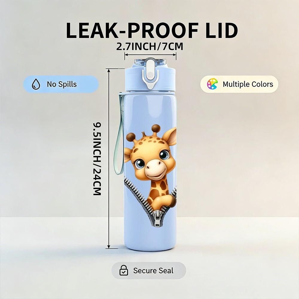 1PC Cute Deer Zipper Surprise Cartoon Portrait 750ml Color Plastic Sports Water Bottle Leakproof Flip Straw Lid Suitable for Sports Office Home Use