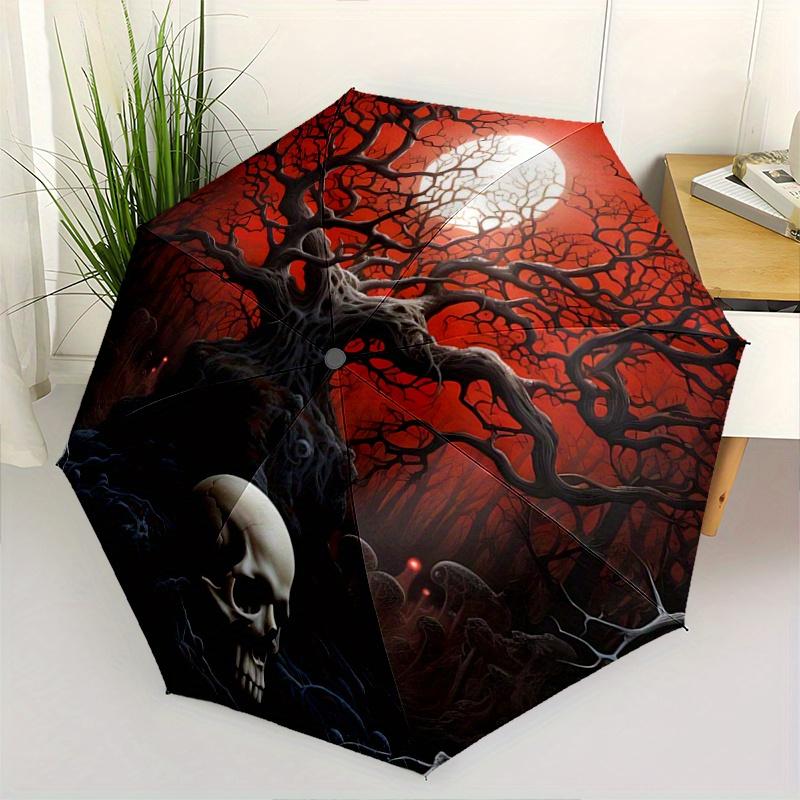 1pc Moonlit Skull amidst Twisted Trees Automatic Folding Umbrella - 3 Folding Design, Vivid Cartoon Pattern, Suitable for Outdoor Activities, A G