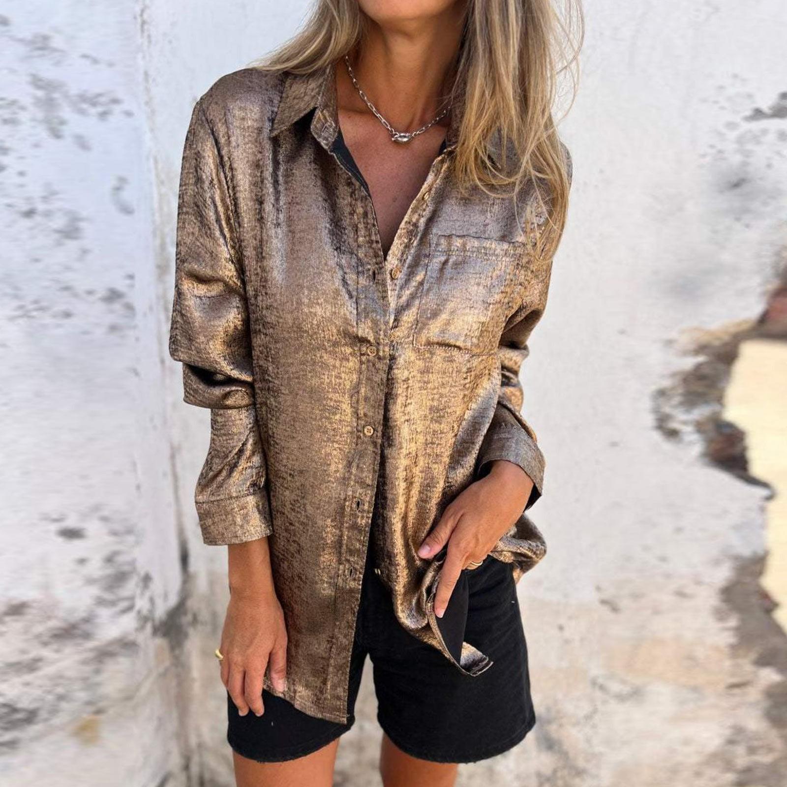 

Женская модная однотонная повседневная рубашка с бархатным воротником и длинными рукавами золотой