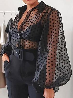 See Through Women Blouses Black Polka Dots Elegatn Single Breasted Long Lantern Sleeve Shirt Tops Plus Size Party Club Shirts