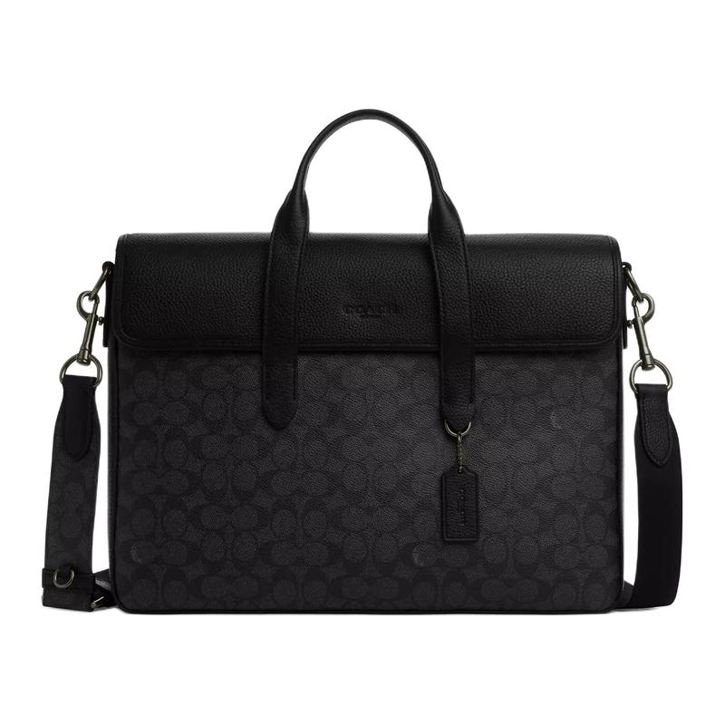 

COACH Sullivan 38 logo printed magnetic closure coated canvas shoulder crossbody tote large men s black gray чорний