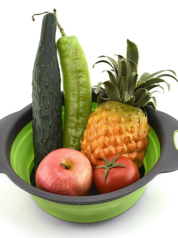 Vegetable Foldable Basket Silicone Colander Kitchen Folding Washing Drain Basket Plastic Storage Fruit Round Cleaning Basin S about 24x19.5cm зелёный