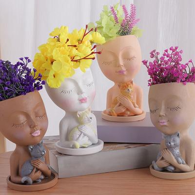Flowerpot Decorative Carved Cat Shape Nordic Style Girl Hug Creative DIY Resin Girl Holding Cat Gardening Pot