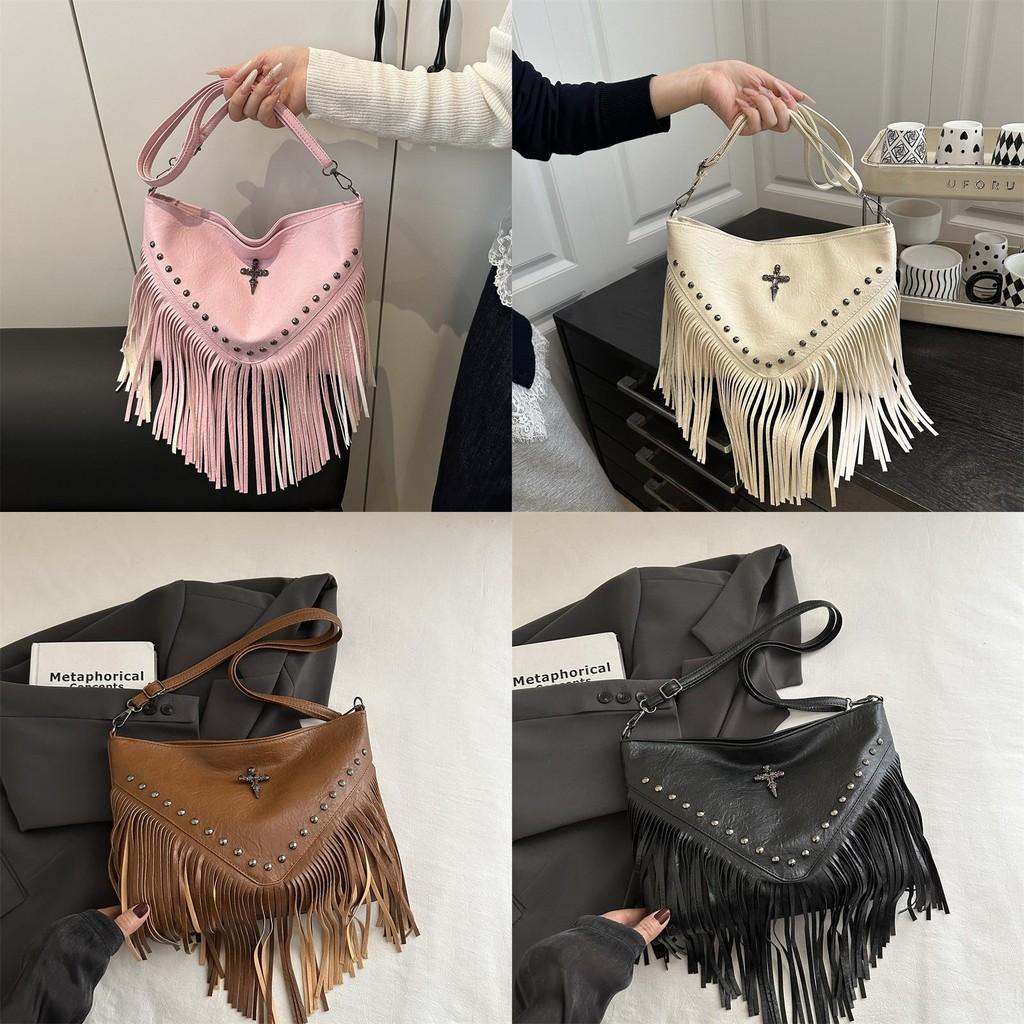 Bohemian Fringe Single Shoulder Bag With Rivets Pu Material For Casual Day Use
