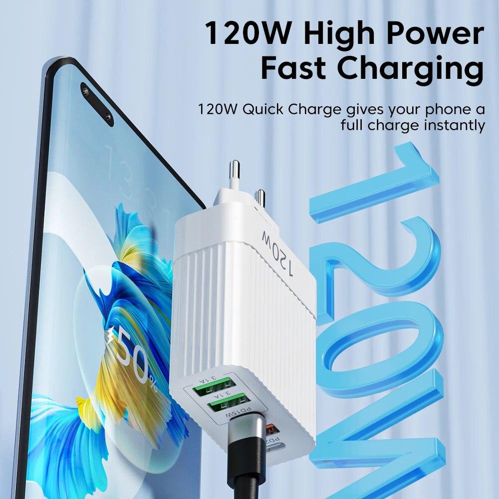 PD 120W GaN Quick Charger 3.0 US EU Plug Travel Portable 5 Port USB Type C Fast Charging Suitable For Android Ios iPhone Xiaomi