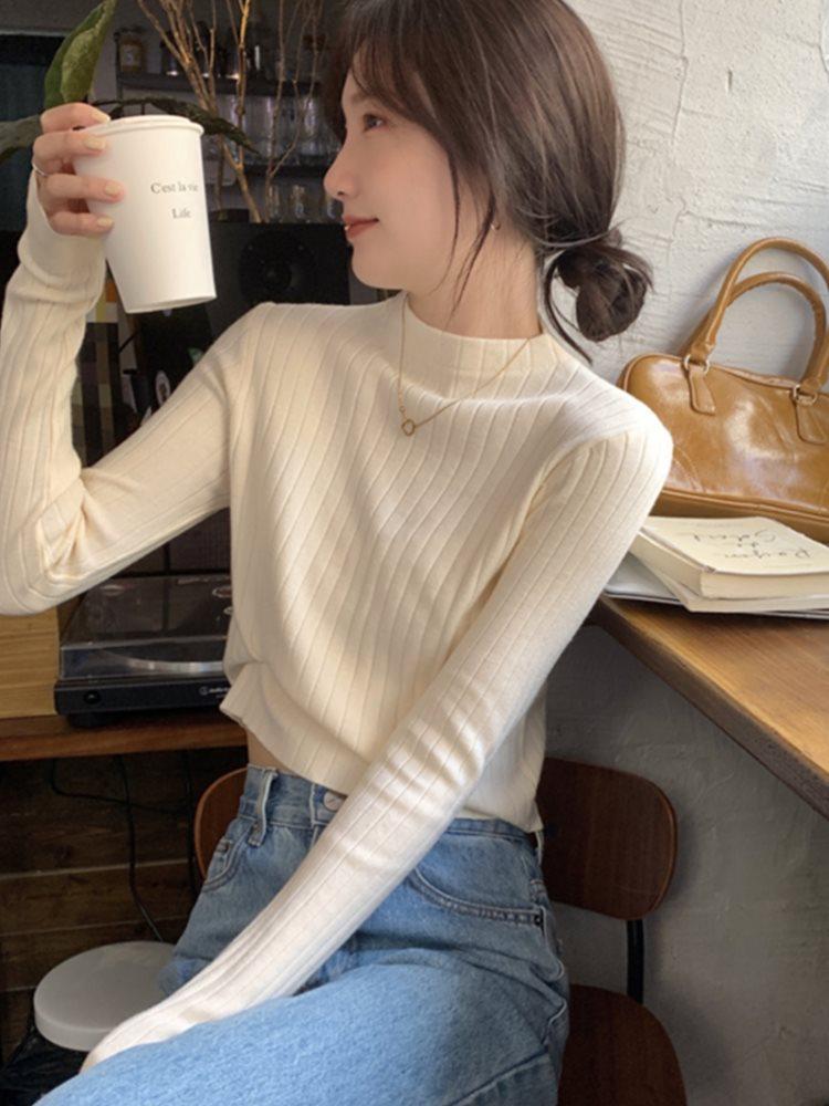 2025 Spring-Autumn Slim Fit Half High Neck Knitted Top for Women