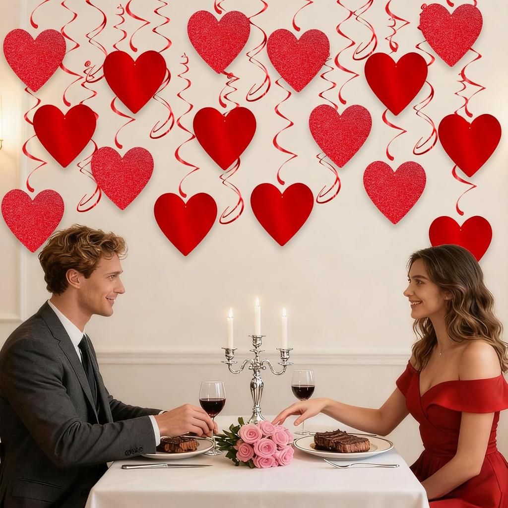 Glitter Red Hanging Heart Swirls Decorations, 40Pcs Valentine's Day Love Heart Streamers Ceiling Hanging Swirls for Romantic Galentines Anniversary