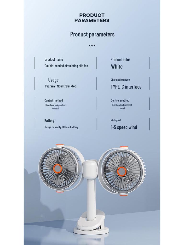Dual-Headed Smart Clip & Wall-Mount Fan, Portable Low-Noise Circulation Desktop Fan for Home